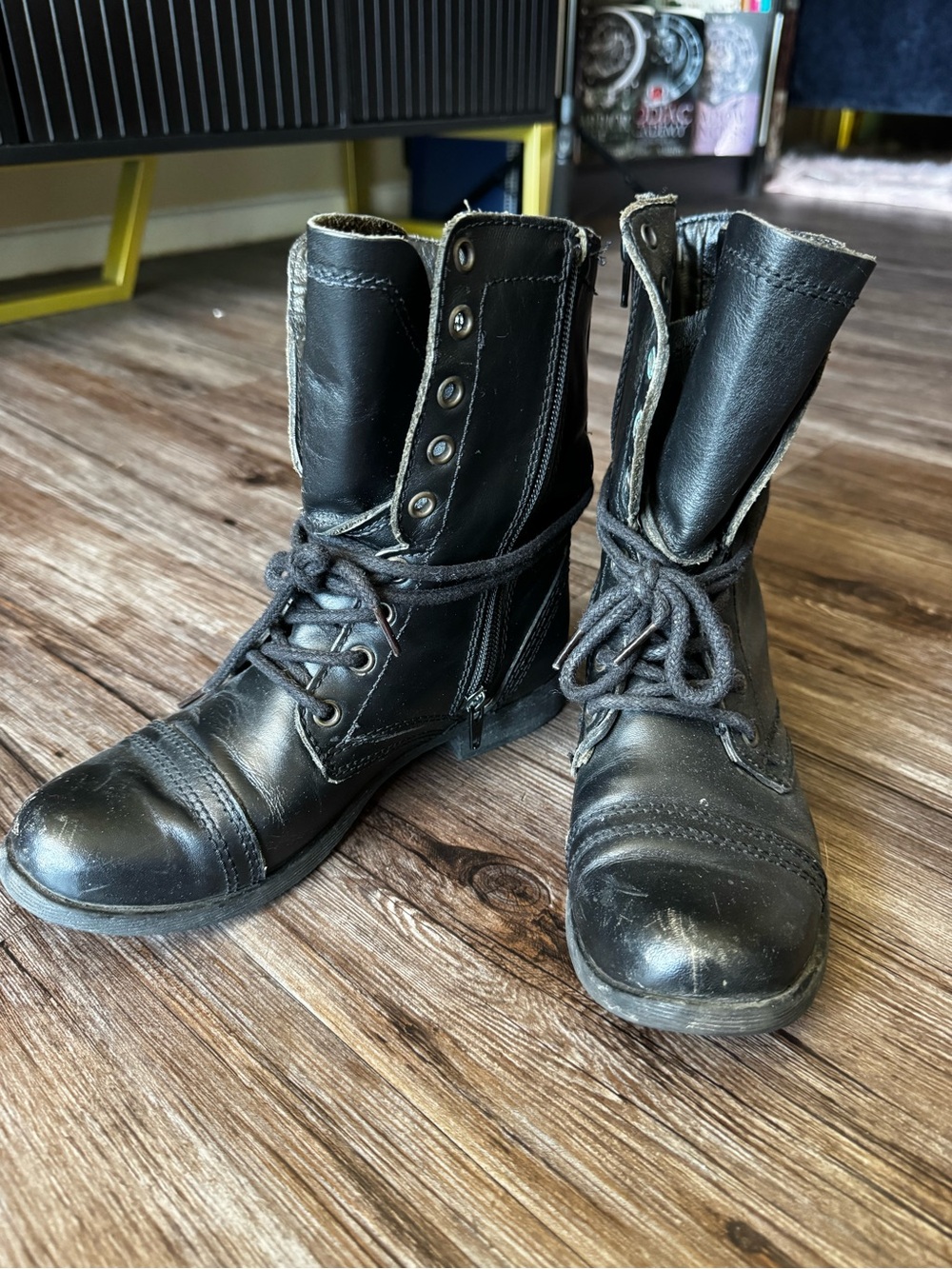 Steve Madden Black Leather Zip & Lace Combat Boots